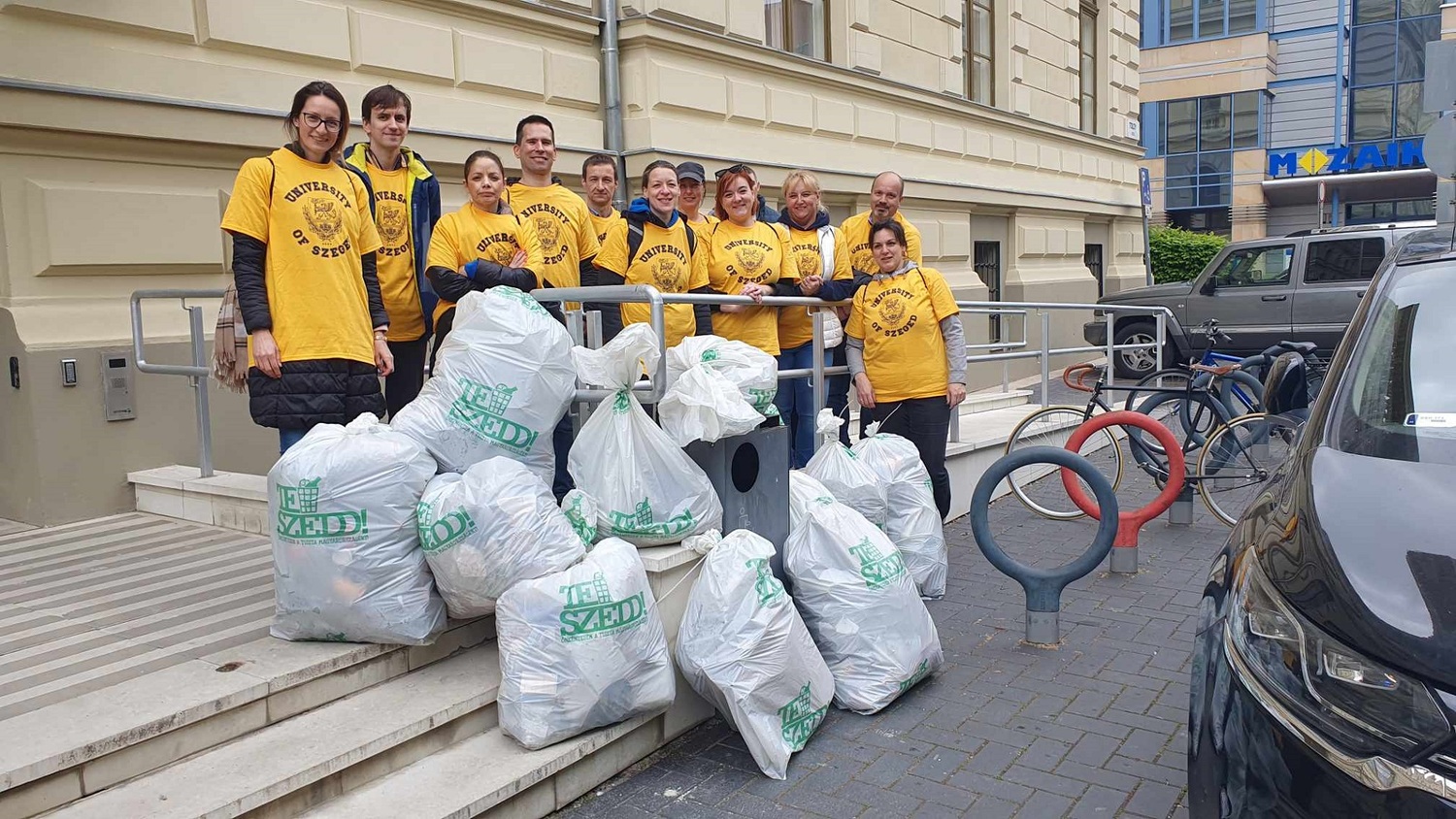 Group of people collecting litter