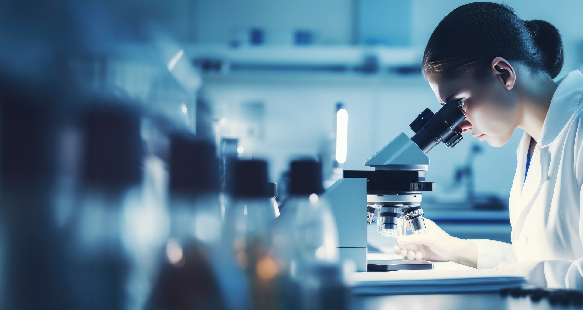 Scientist researcher using microscope in laboratory Researcher using a microscope in a lab.